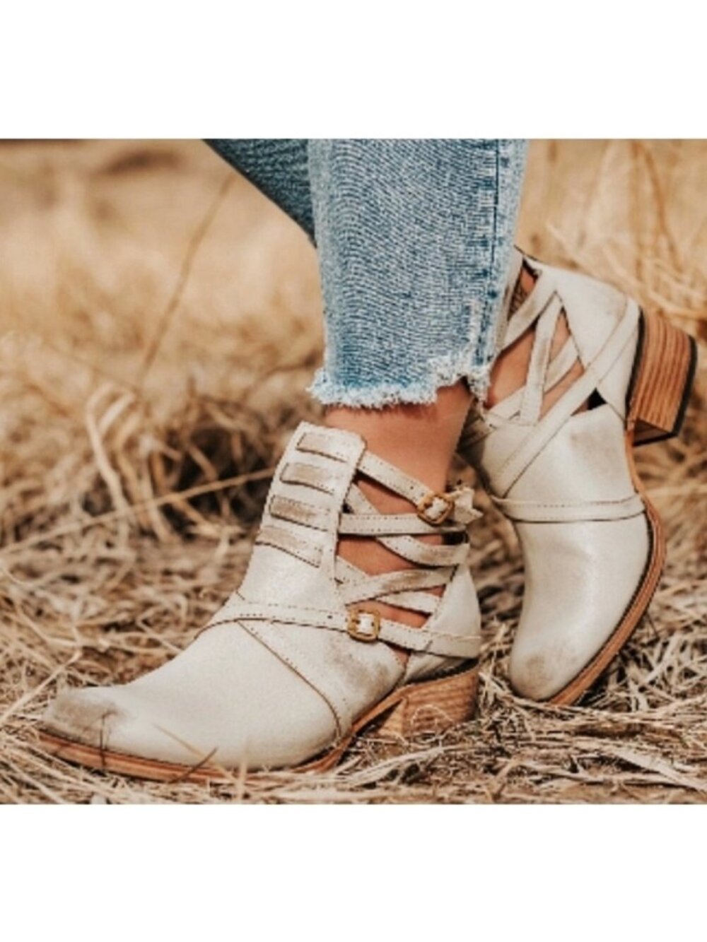 Freebird Stair Ice Leather Distressed Cut-Out Cutouts Strappy Edgy Ankle Booties